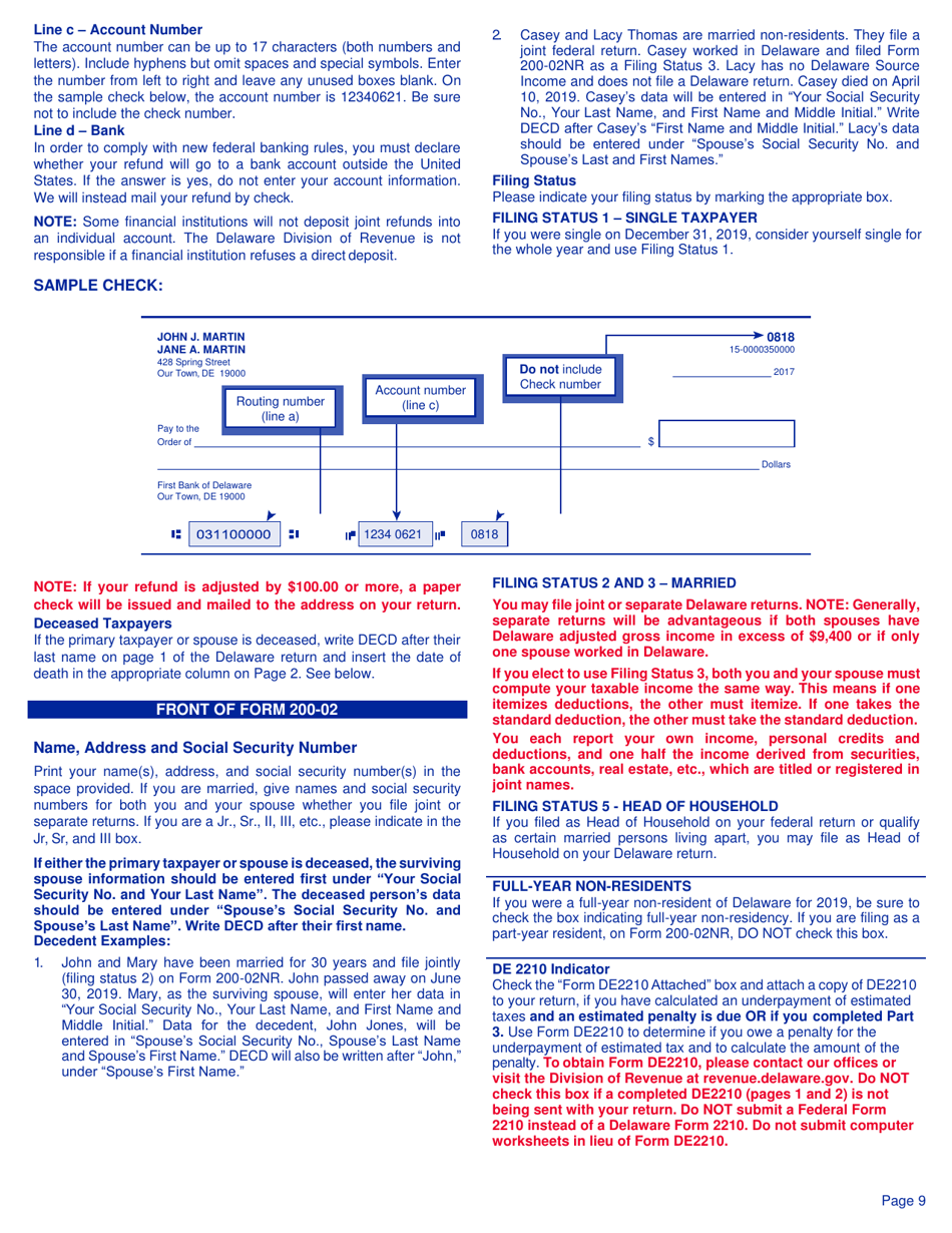 Instructions for Form 200-02 Delaware Individual Non-resident Income Tax Return - Delaware, Page 9