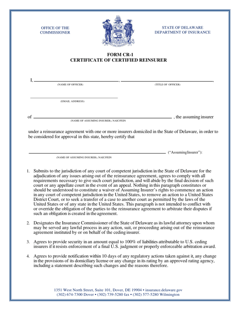 Form CR-1 Certificate of Certified Reinsurer - Delaware