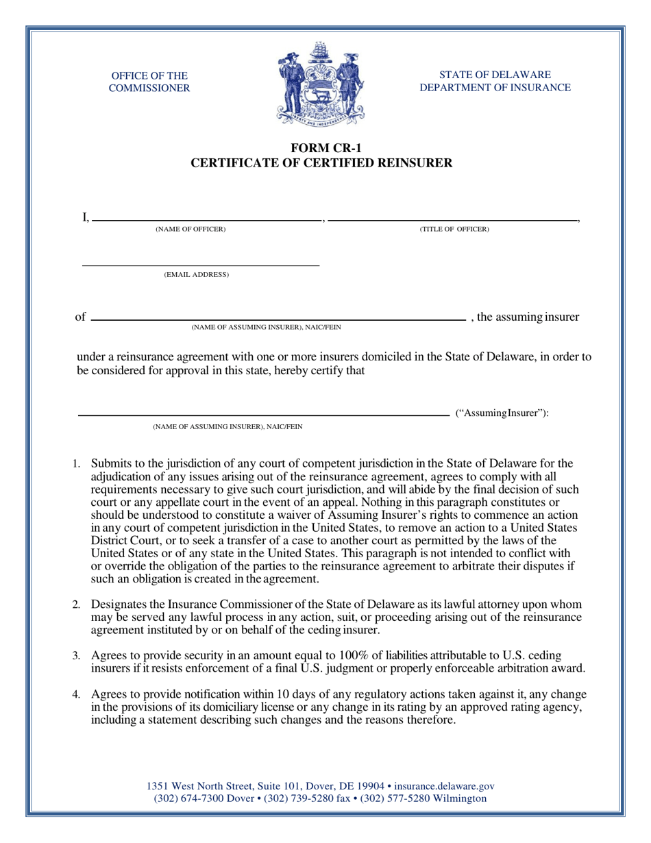 Form CR-1 Certificate of Certified Reinsurer - Delaware, Page 1