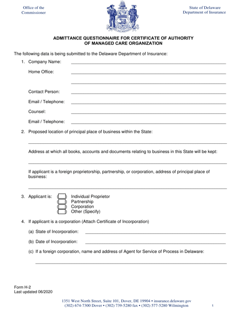 Form H-2 Admittance Questionnaire for Certificate of Authority of Managed Care Organization - Delaware