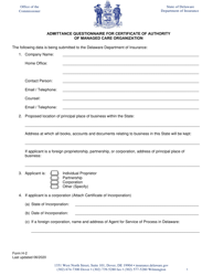Form H-2 Admittance Questionnaire for Certificate of Authority of Managed Care Organization - Delaware