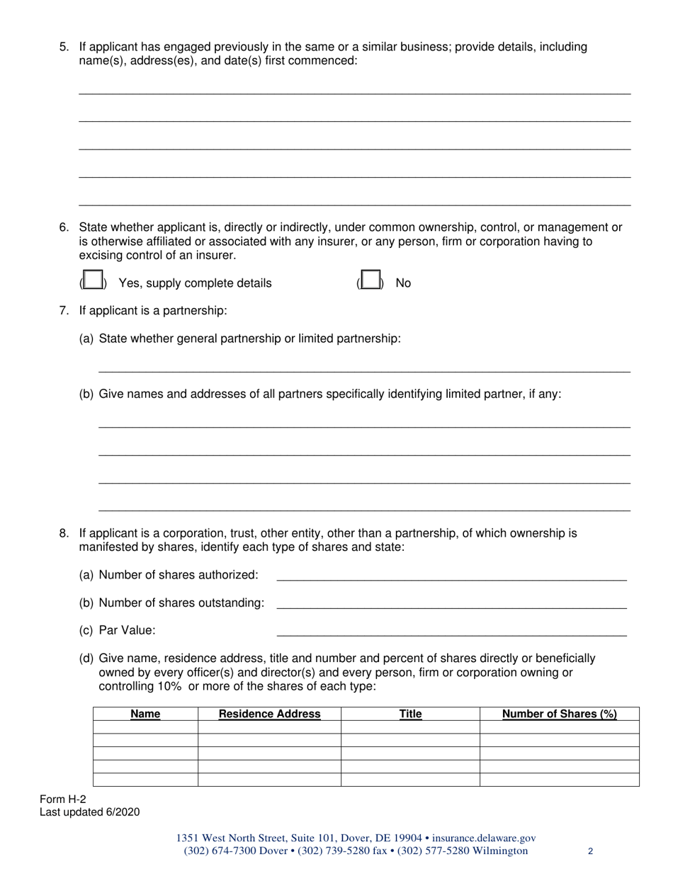 Form H-2 Admittance Questionnaire for Certificate of Authority of Managed Care Organization - Delaware, Page 2