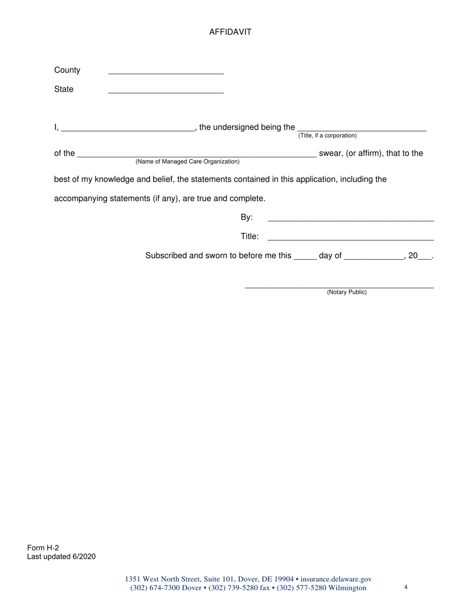 Form H-2 Admittance Questionnaire for Certificate of Authority of Managed Care Organization - Delaware, Page 4
