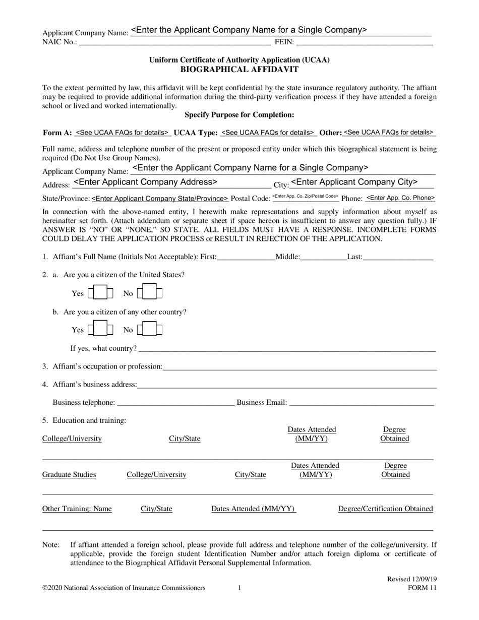 Form 11 Uniform Certificate of Authority Application (Ucaa) Biographical Affidavit, Page 1