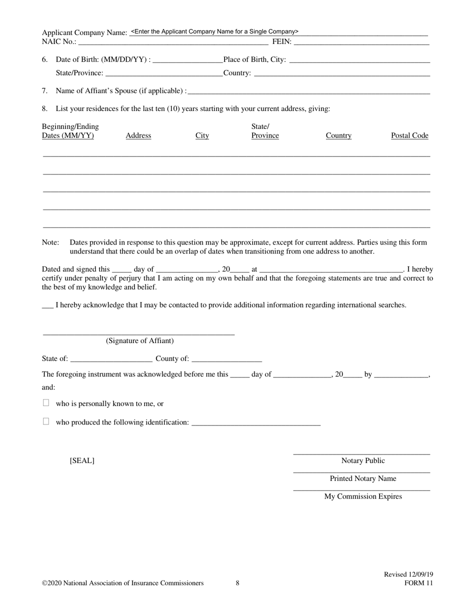 Form 11 Uniform Certificate of Authority Application (Ucaa) Biographical Affidavit, Page 8