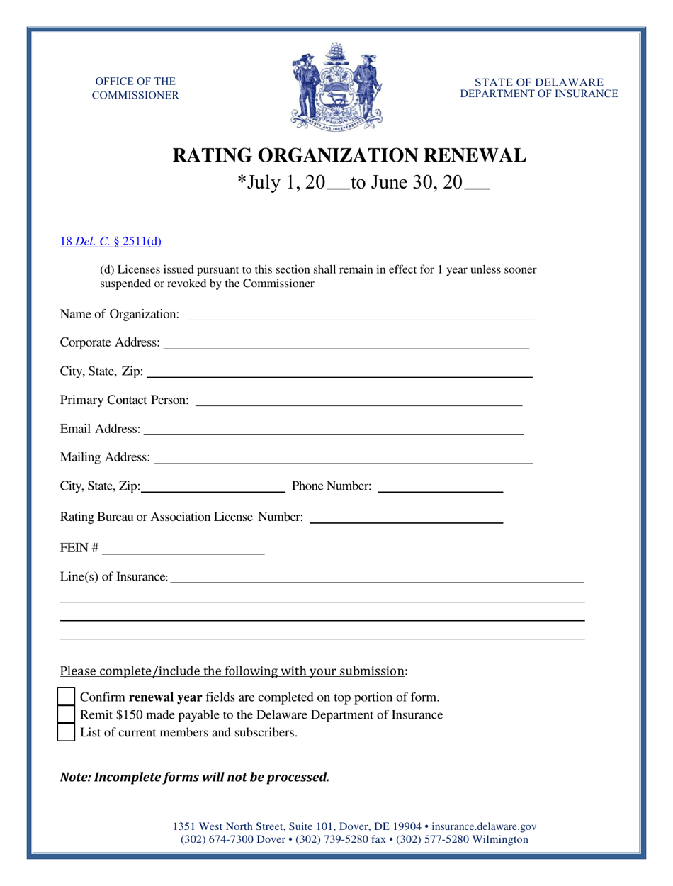 Rating Organization Renewal - Delaware, Page 1