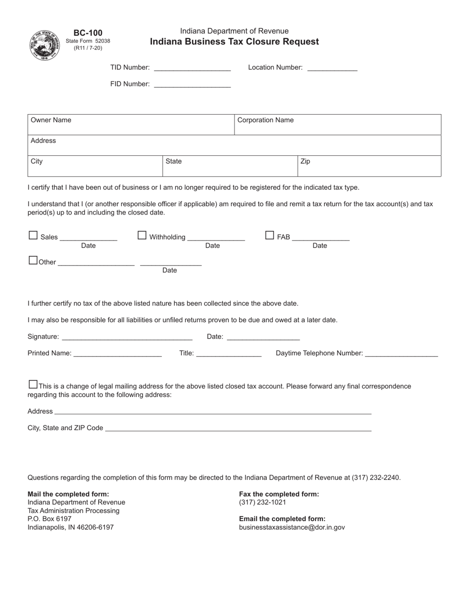 Form BC-100 (State Form 52038) Indiana Business Tax Closure Request - Indiana, Page 1