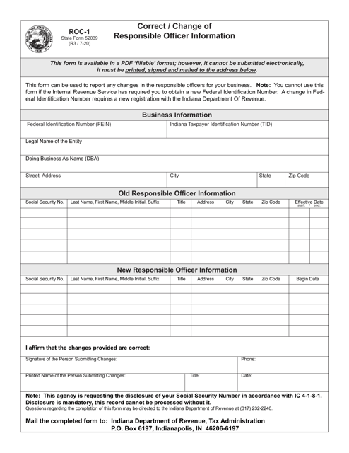 Form ROC-1 (State Form 52039) Correct / Change of Responsible Officer Information - Indiana