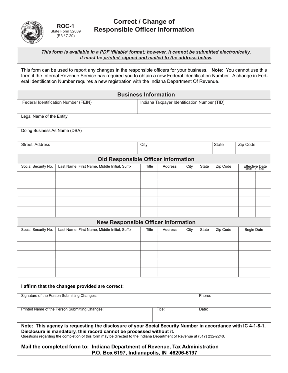 Form ROC-1 (State Form 52039) Correct / Change of Responsible Officer Information - Indiana, Page 1
