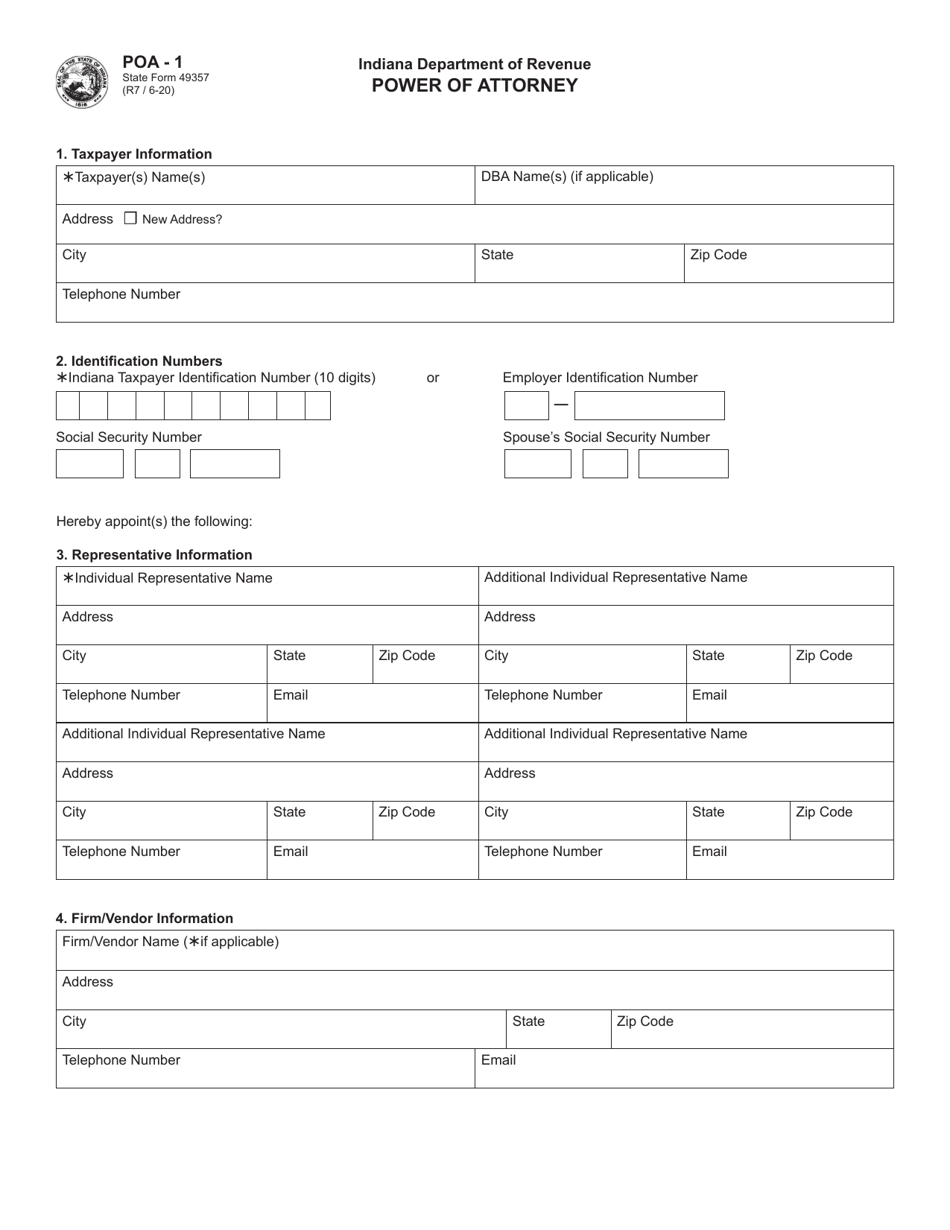 Form POA-1 (State Form 49357) Power of Attorney - Indiana, Page 1
