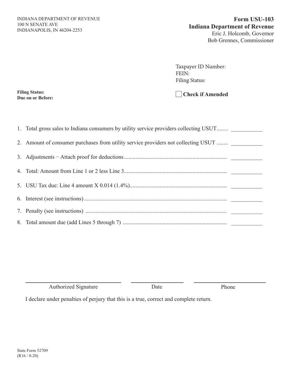 Form USU-103 (State Form 52709) Utilities Services Use Tax - Indiana, Page 1