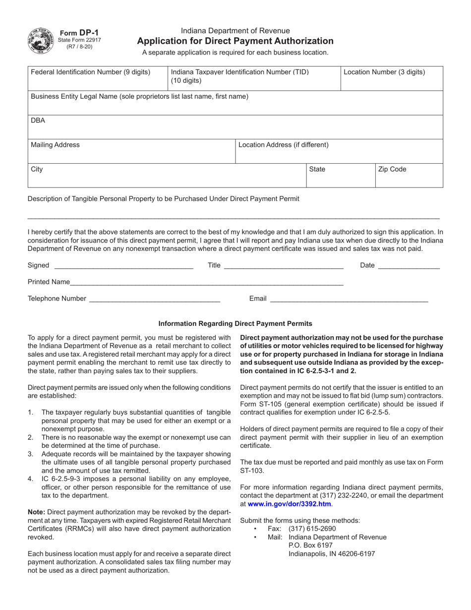 Form DP-1 (State Form 22917) Application for Direct Payment Authorization - Indiana, Page 1