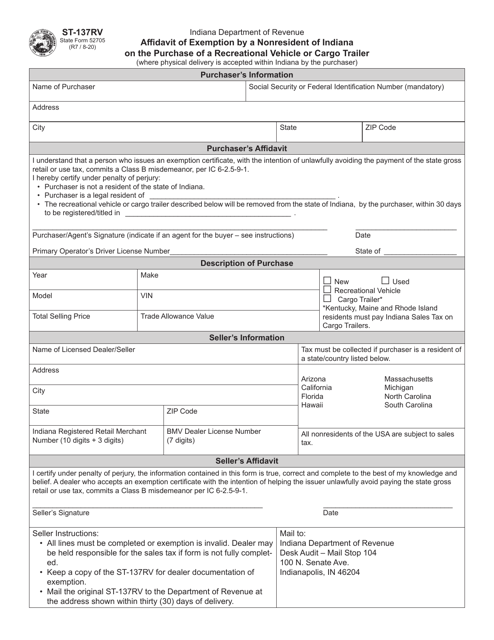 Form ST-137RV (State Form 52705) Affidavit of Exemption by a Nonresident of Indiana on the Purchase of a Recreational Vehicle or Cargo Trailer - Indiana