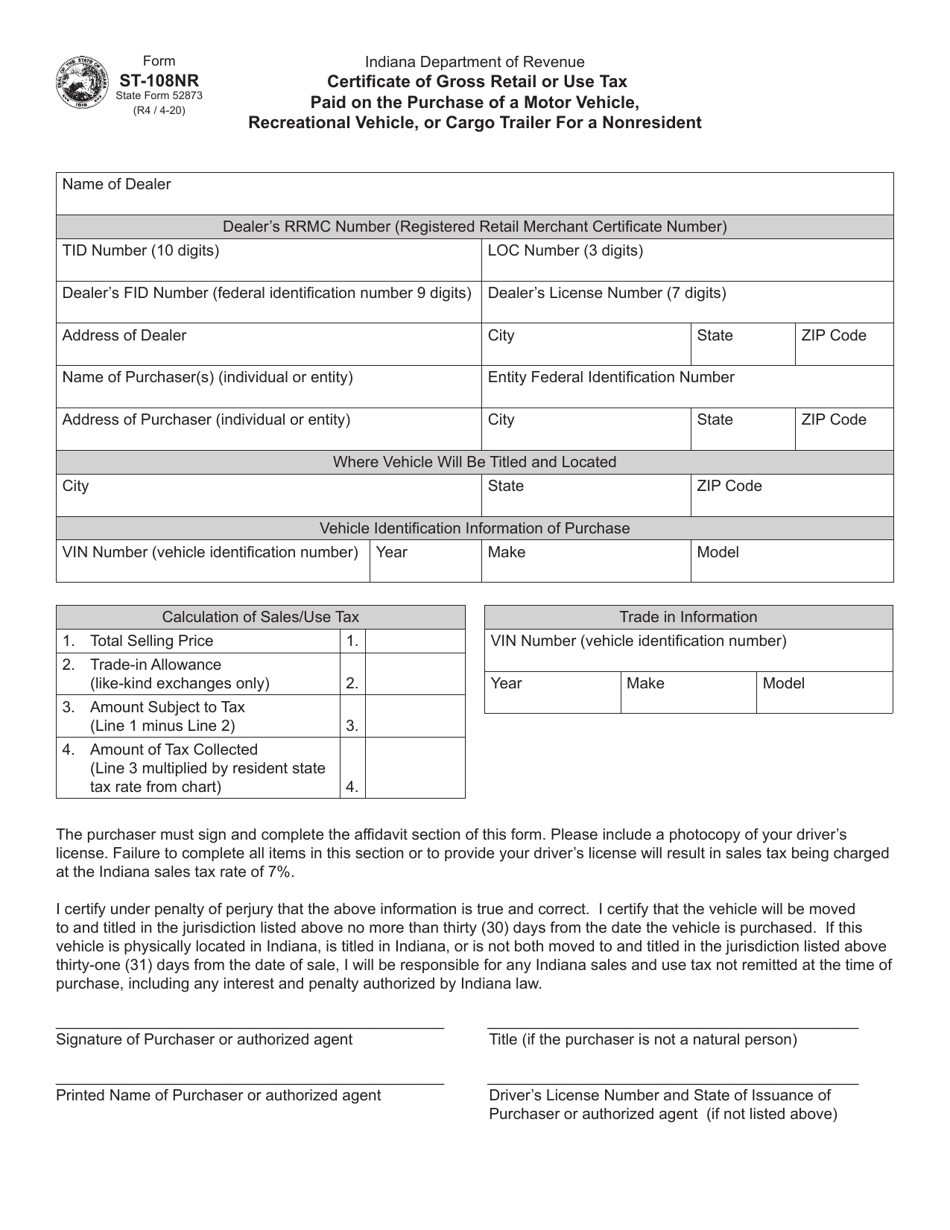 Form ST-108NR (State Form 52873) Certificate of Gross Retail or Use Tax Paid on the Purchase of a Motor Vehicle, Recreational Vehicle, or Cargo Trailer for a Nonresident - Indiana, Page 1