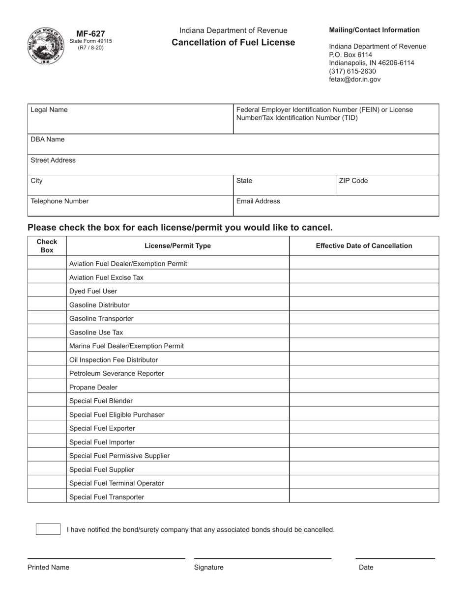 Form MF-627 (State Form 49115) Cancellation of Fuel License - Indiana, Page 1