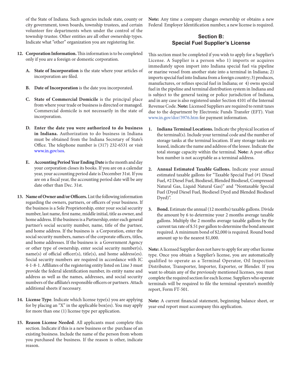 Form FT-1 (State Form 46297) Fuel Tax License Application - Indiana, Page 9