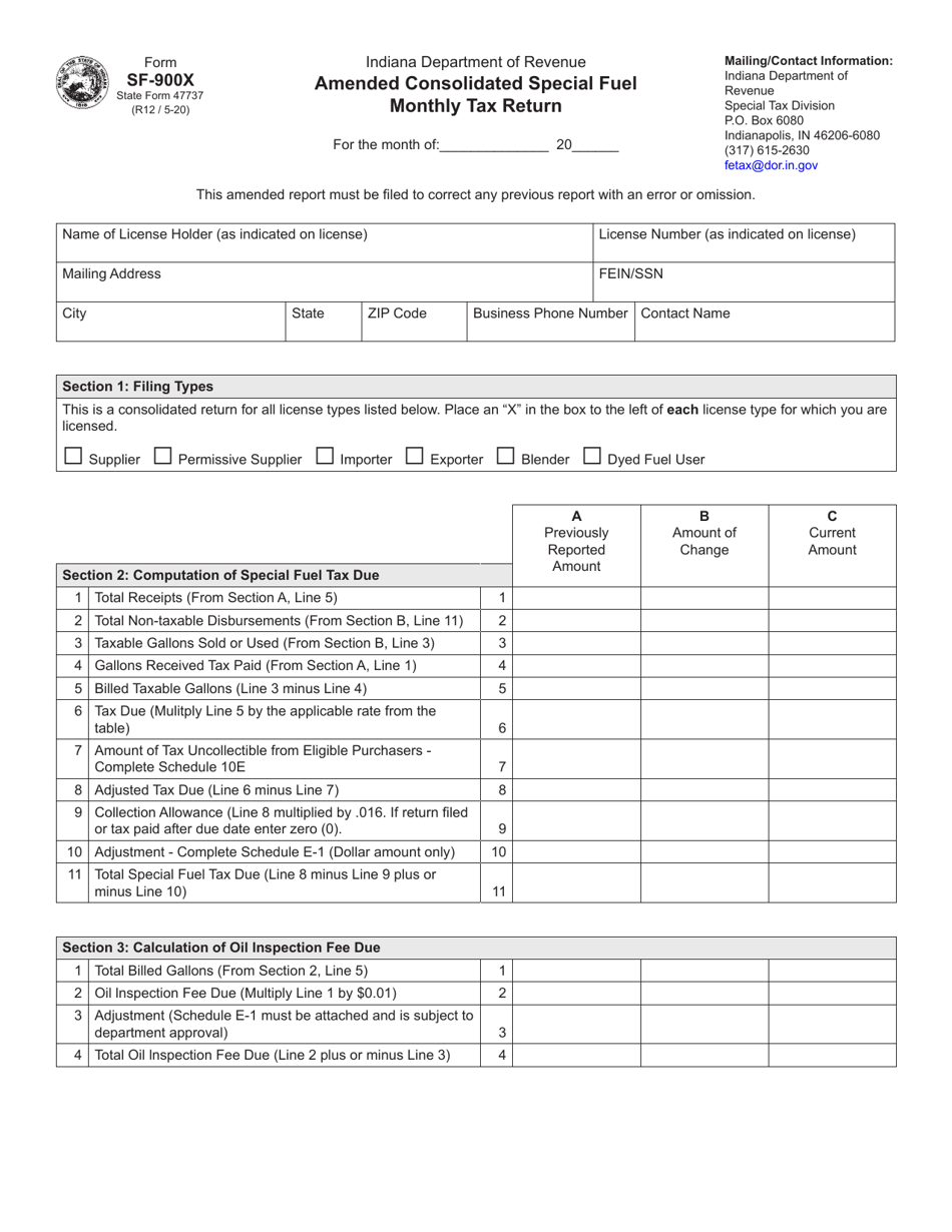 Form SF-900X (State Form 47737) Amended Consolidated Special Fuel Monthly Tax Return - Indiana, Page 1