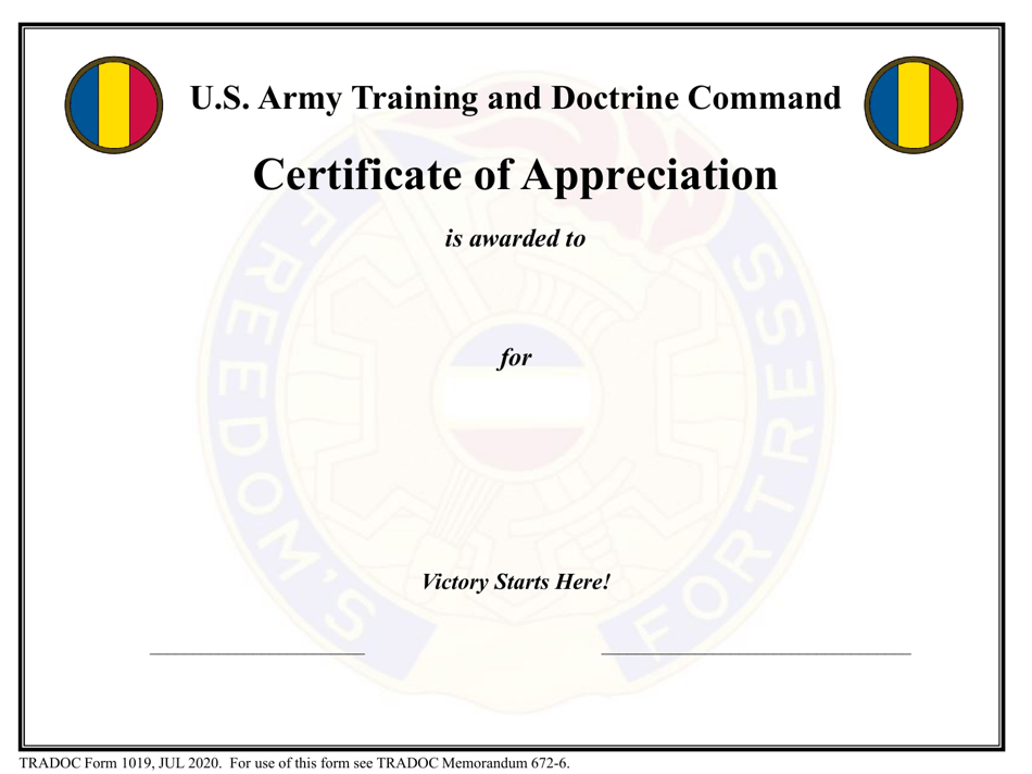 TRADOC Form 1019 Certificate of Appreciation, Page 1