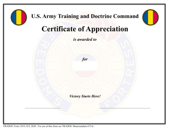 TRADOC Form 1019 Certificate of Appreciation