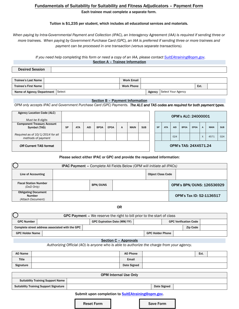 Fundamentals of Suitability for Suitability and Fitness Adjudicators - Payment Form, Page 1