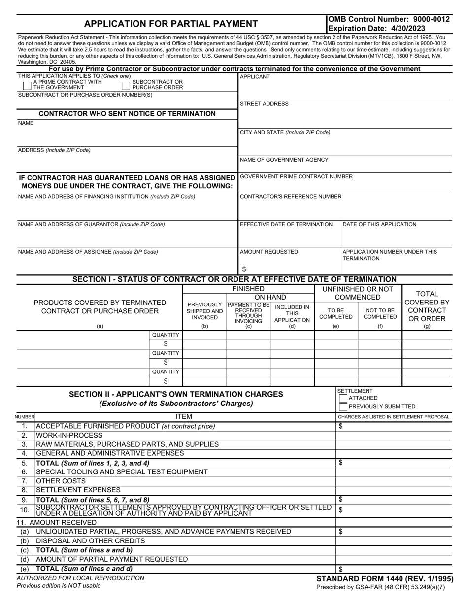Form SF-1440 Application for Partial Payment, Page 1