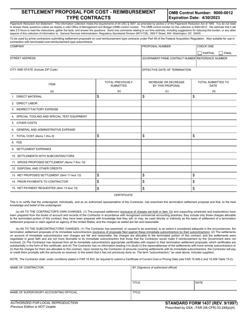 Form SF-1437 Settlement Proposal for Cost - Reimbursement Type Contracts