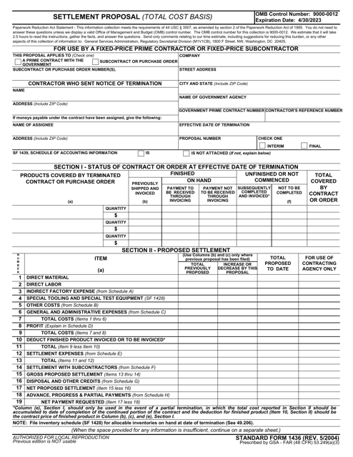 Form SF-1436 Settlement Proposal (Total Cost Basis)