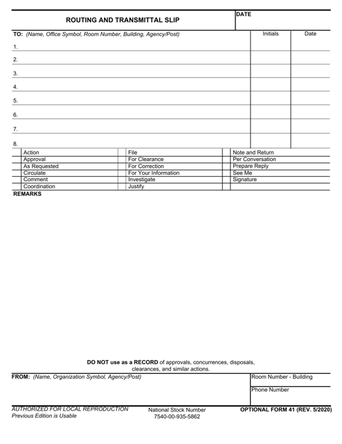 Optional Form 41 Routing and Transmittal Slip