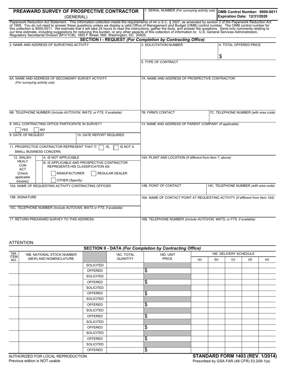 Form SF-1403 Pre-award Survey of Prospective Contractor - General, Page 1