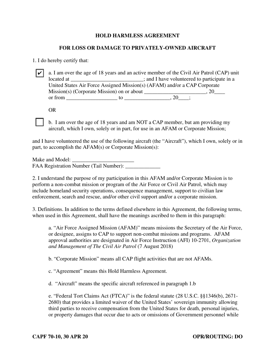 CAP Form 70-10 Hold Harmless Agreement for Loss or Damage to Privately-Owned Aircraft, Page 1