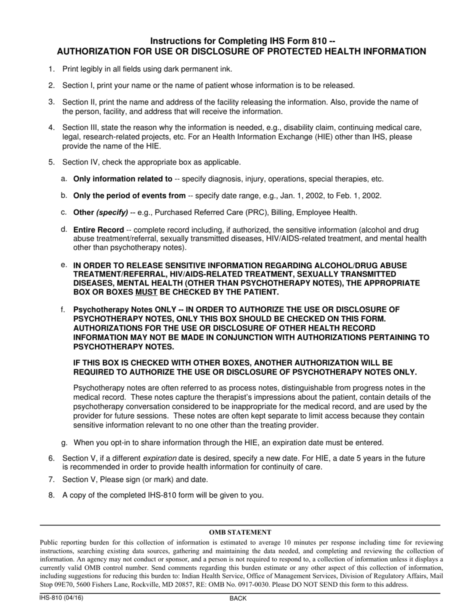 Form IHS-810 Authorization for Use or Disclosure of Protected Health Information, Page 2
