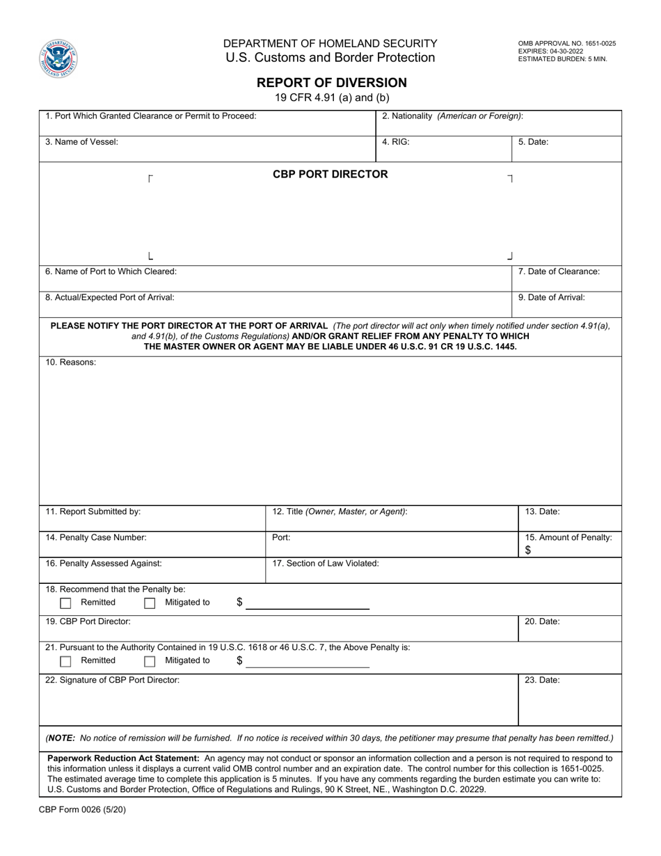 CBP Form 0026 Report of Diversion, Page 1