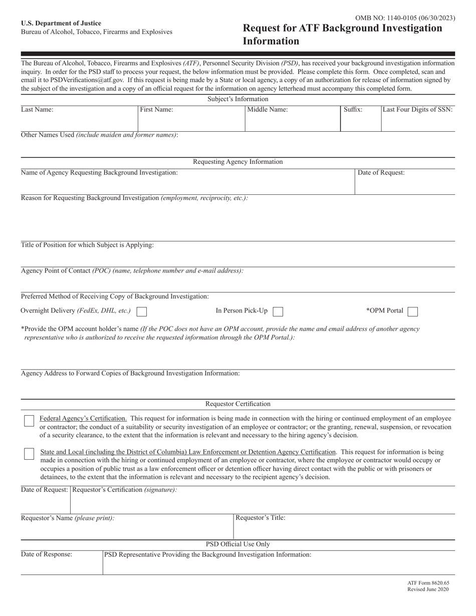 ATF Form 8620.65 Request for ATF Background Investigation Information, Page 1