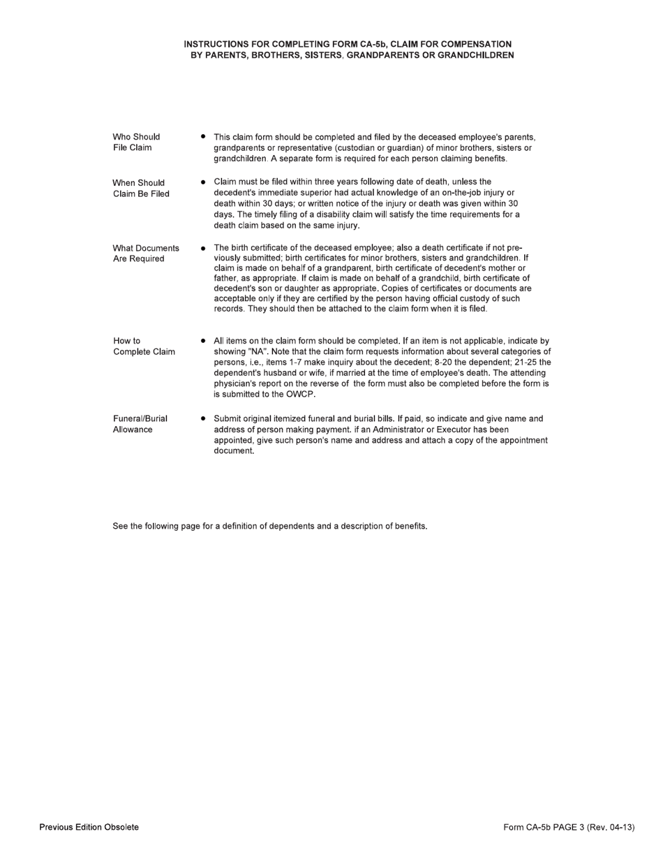 Form CA-5B Claim for Compensation by Parents, Brothers, Sisters, Grandparents, or Grandchildren, Page 3