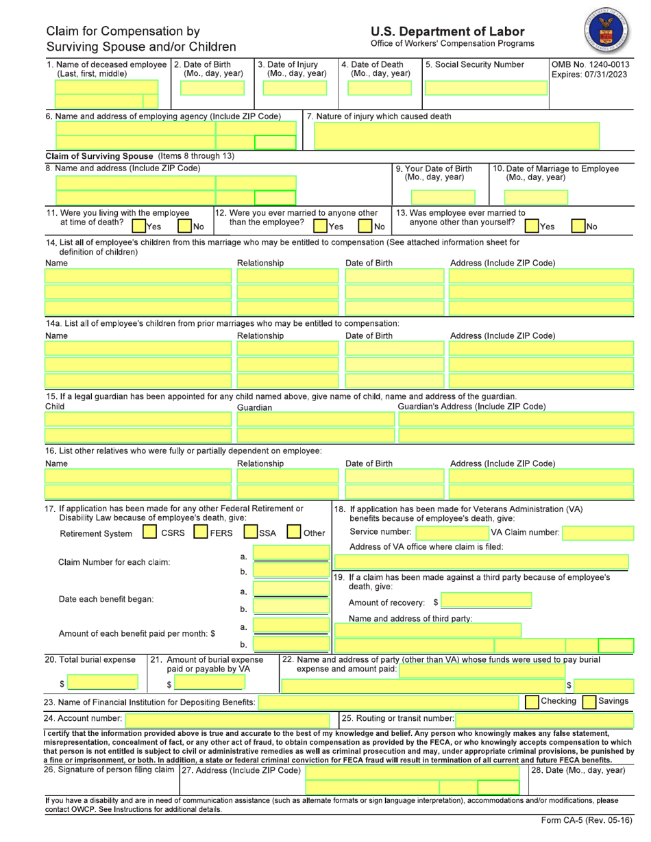 Form CA-5 Claim for Compensation by Surviving Spouse and / or Children, Page 1