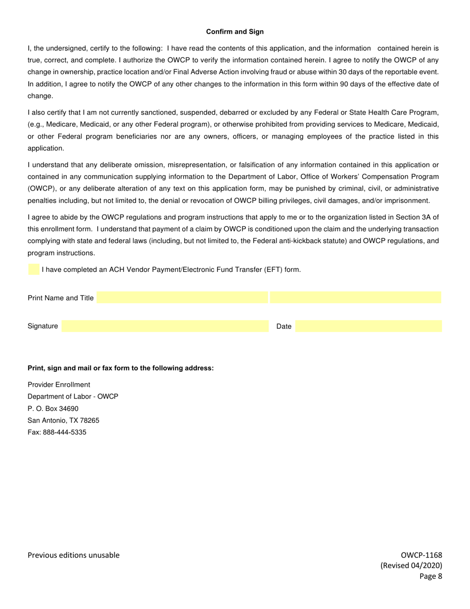 Form OWCP-1168 Provider Enrollment Form, Page 10