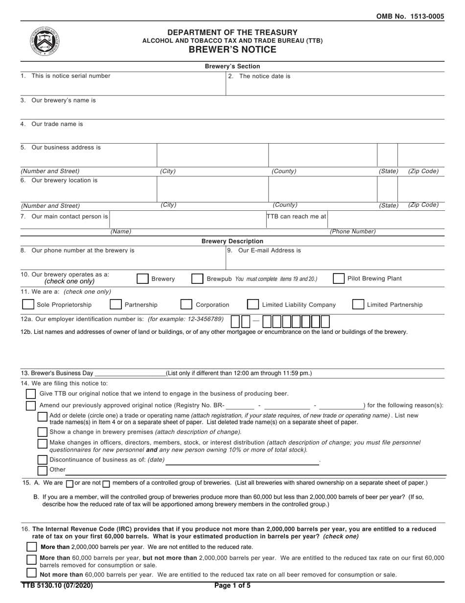 TTB Form 5130.10 Brewers Notice, Page 1