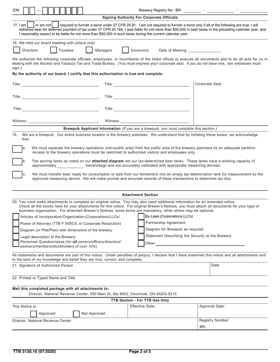 TTB Form 5130.10 Download Fillable PDF or Fill Online Brewer's Notice ...