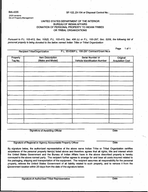 BIA Form 4335 Donation of Personal Property to Indian Tribes or Tribal Organizations