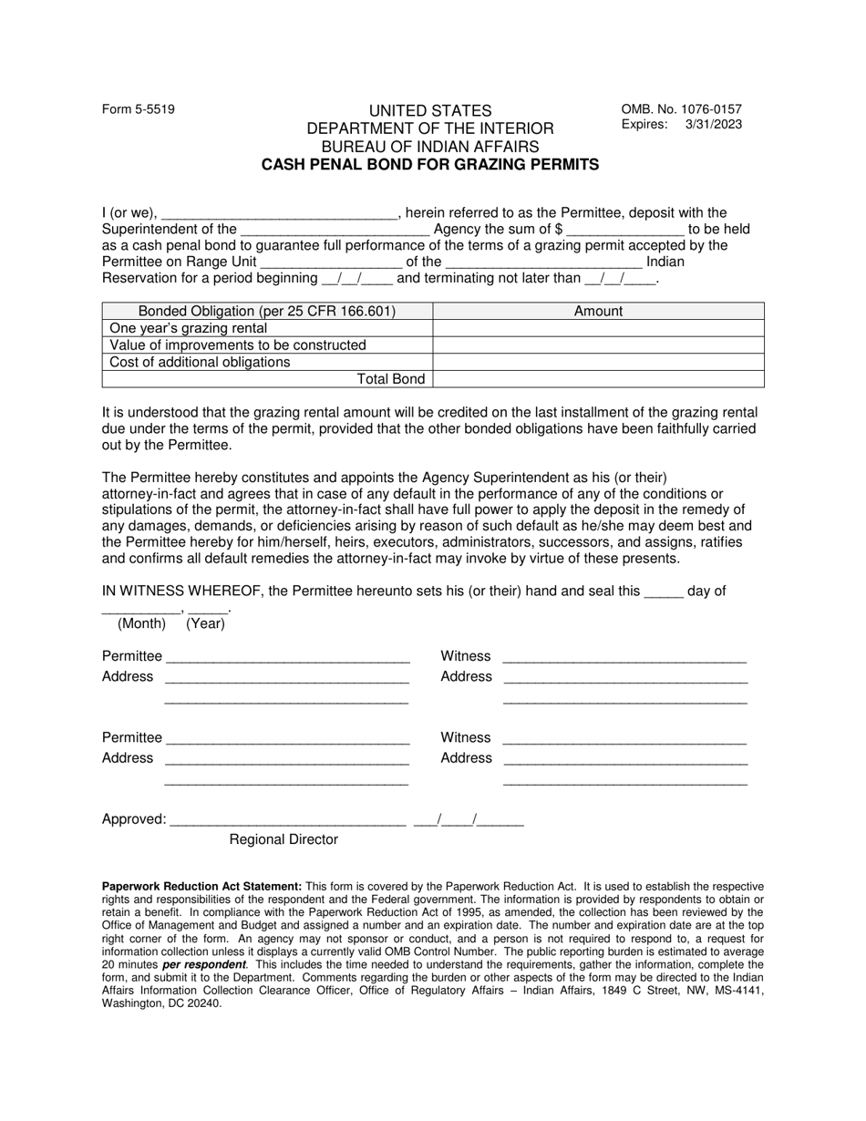 Form 55519 Download Fillable PDF or Fill Online Cash Penal Bond for