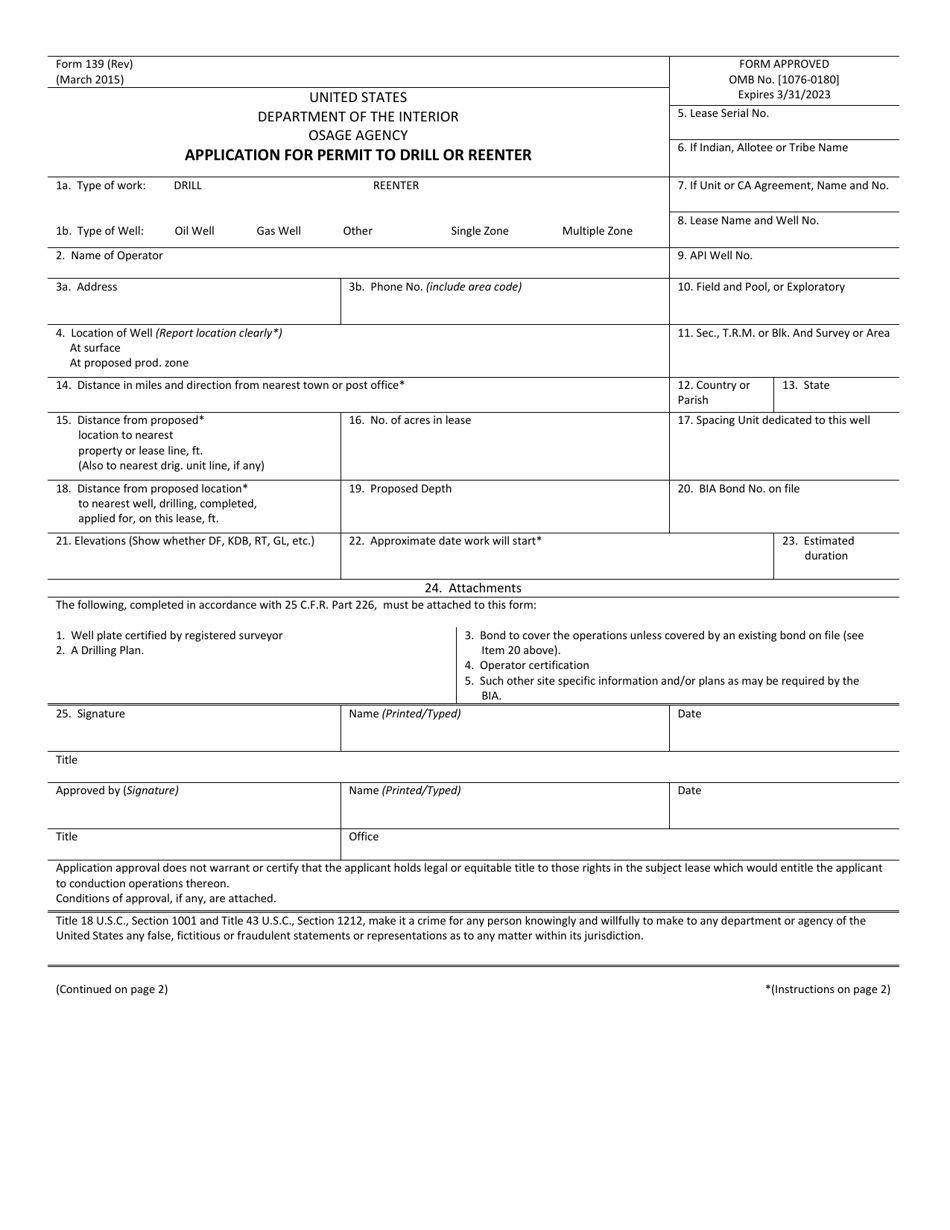 Form 139 Application for Permit to Drill or Reenter, Page 1