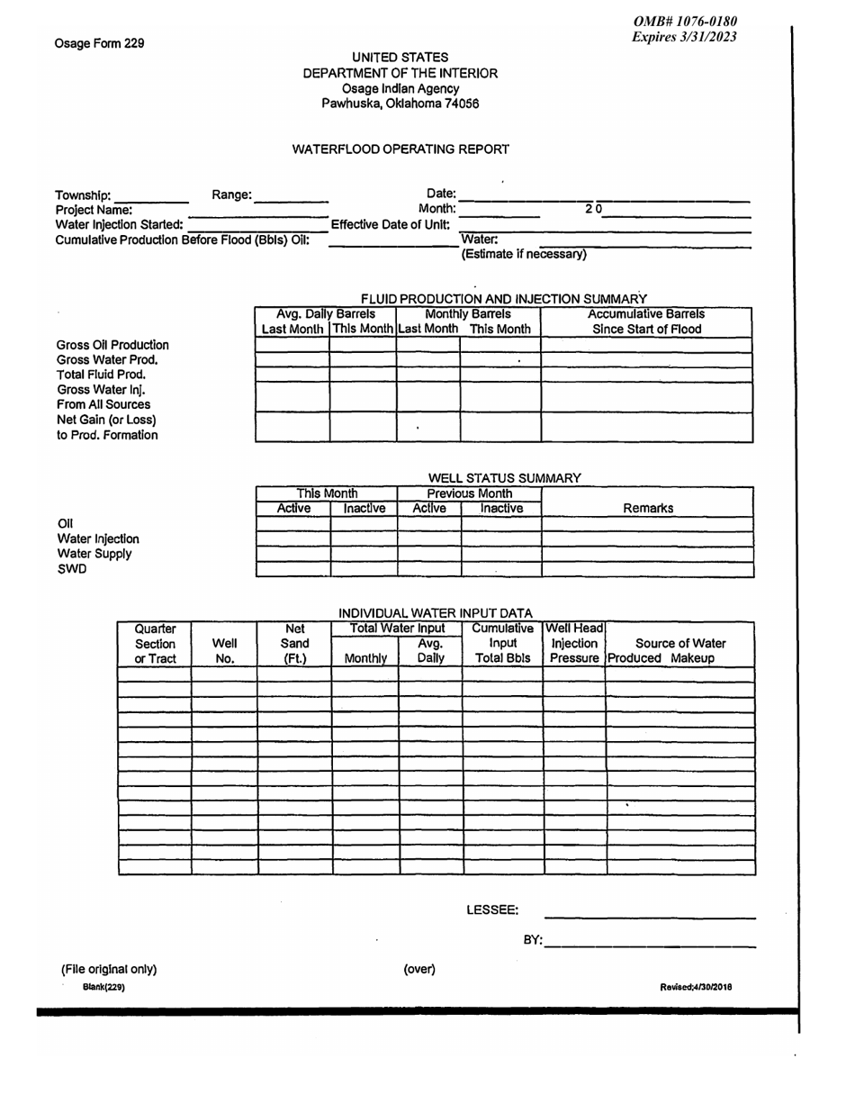 Osage Form 229 Waterflood Operating Report, Page 1