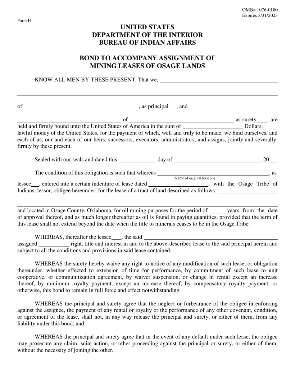 Form H Bond to Accompany Assignment of Mining Leases of Osage Lands, Page 1