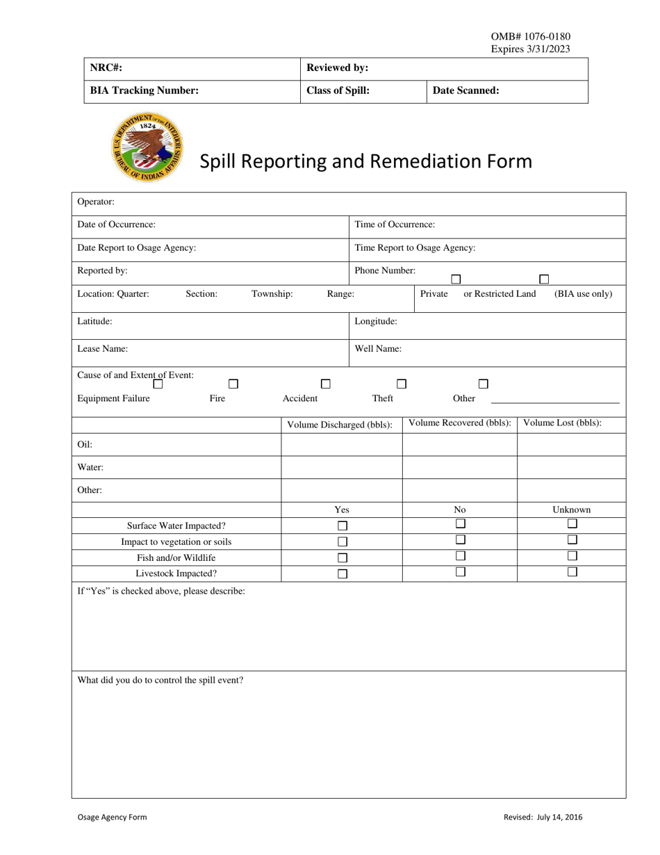 Spill Reporting and Remediation Form, Page 1