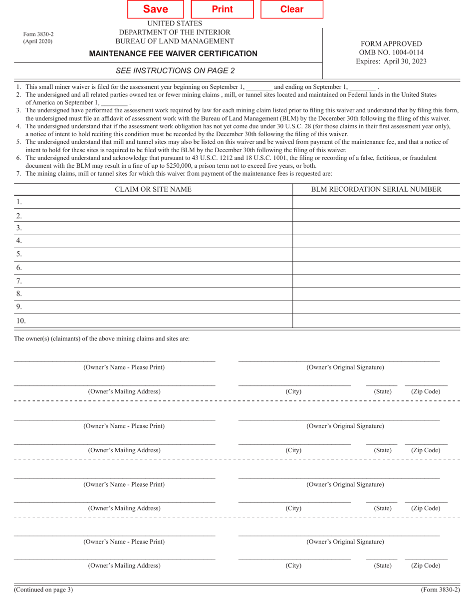 Form 3830-002 Maintenance Fee Waiver Certification, Page 1