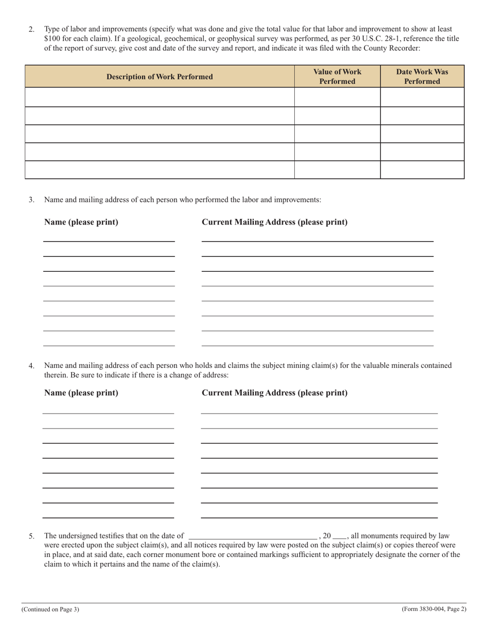 Form 3830-004 Affidavit of Annual Assessment Work, Page 2