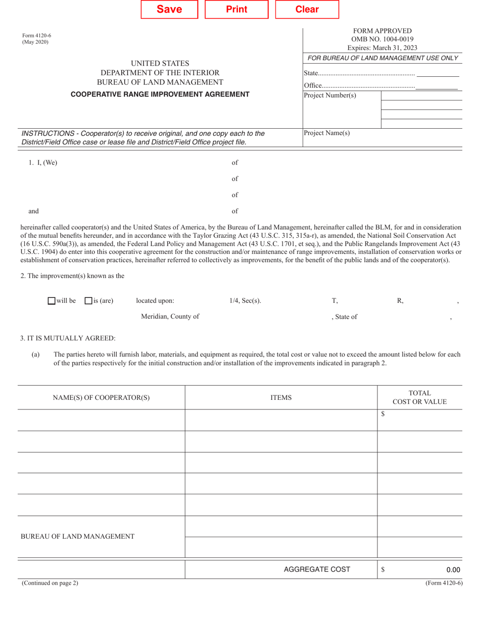 Form 4120-006 Cooperative Range Improvement Agreement, Page 1
