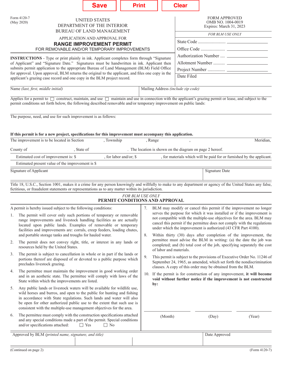 Form 4120-007 Application and Approval for Range Improvement Permit for Removable and / or Temporary Improvement, Page 1