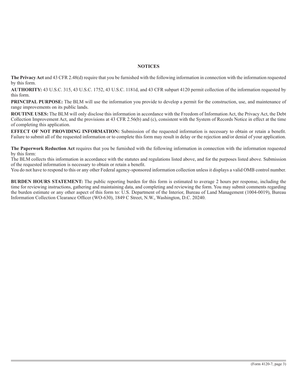 Form 4120-007 Application and Approval for Range Improvement Permit for Removable and / or Temporary Improvement, Page 3