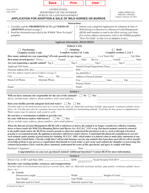 Form 4710-010 Application for Adoption & Sale of Wild Horses or Burros